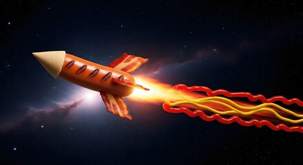 A culinary rocket, made of sausage and bacon, blasts off into space with a fiery trail of ketchup and mustard