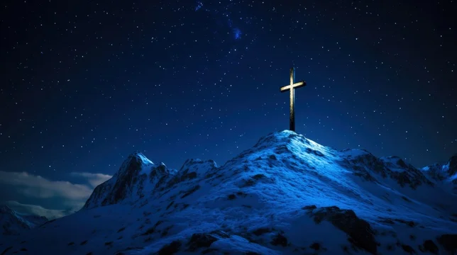 Starry Night Scene with Cross on Mountain Summit