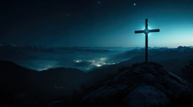 Peaceful Night Mountain Cross with Gentle Sky Glow