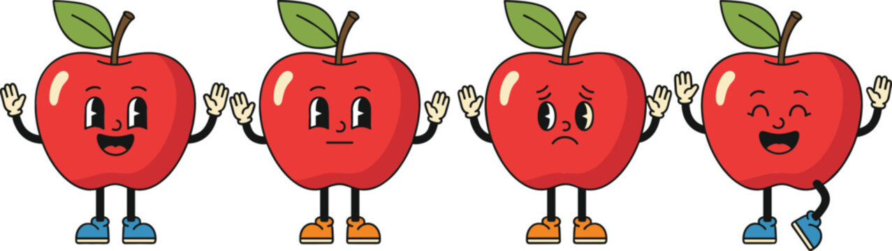 Cute Apple Character Vector Set Showing Happy, Sad, Smiling, and Cheerful Emotions with Cartoon Style Design