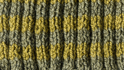 Knitted scarf texture with thick yarn and striped pattern in green and yellow colors. Close-up textile background with warm, cozy fabric structure.