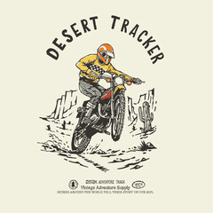 Obraz premium Desert Tracker vintage custom trail bike custom motorcycle illustration desert landscape nature national park. Retro outdoor apparel design