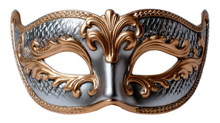 Venetian Mask: The image is of an elegant Venetian mask, intricately designed with gold accents and a metallic silver base, perfect for capturing the mystery and allure of a masked ball. 
