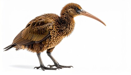 Obraz premium Kiwi bird standing on a white background, showing detailed brown feathers, long beak, and distinctive flightless body shape.