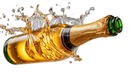 Champagne Splash: Sparkling Champagne bottle bursts open, releasing a cascade of bubbly celebration, captured in a freeze-frame of jubilant moments.