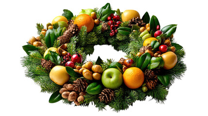Festive Wreath: A vibrant, handcrafted wreath adorned with a delightful medley of fresh fruits, evergreen foliage, and natural accents, celebrating the warmth and joy of the season.