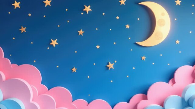 Video A close-up of a paper cutout featuring the shape of a moon and fluffy white clouds