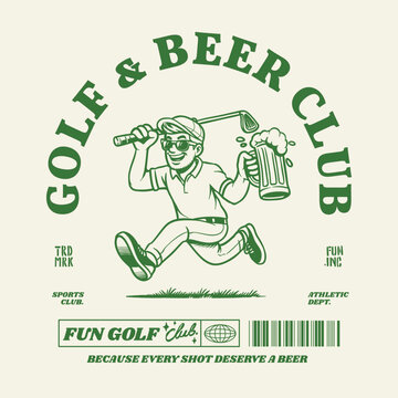 Retro logo vector illustration golf beer golfer golfing sports recreation park. Retro outdoor apparel design supply gear