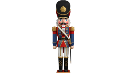 Traditional wooden nutcracker soldier figurine standing upright, adorned in a vibrant, festive military uniform on a clean background