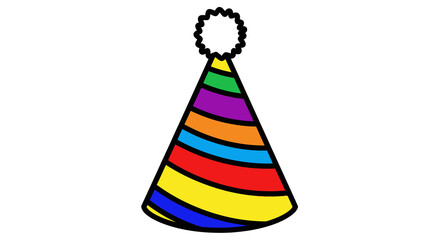 Colorful striped party hat with pompom simple flat vector illustration for celebration and birthday design isolated on white