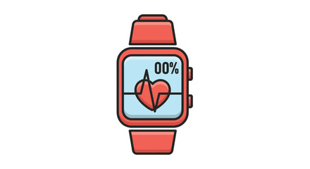 Red smartwatch with heart rate monitor display a flat design vector illustration for health and fitness apps isolated on white background