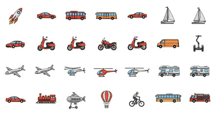 Pixel Art Transportation Icons Set Rocket Car Bus Scooter Motorcycle Sailboat for Web Design Projects