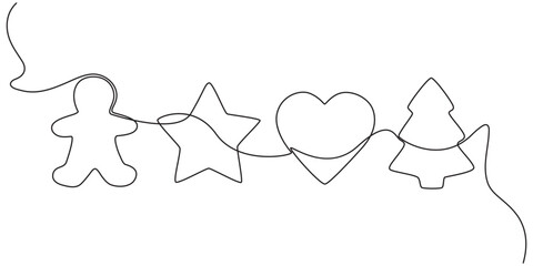 continuous one line drawing Four festive christmas cookie cutter shapes silhouette 