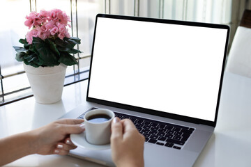 Female hands background laptop computer with isolated screen office cafe