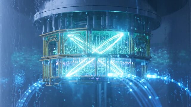 Quantum Computing Processor with Glowing Blue and Green Light Beams in a Futuristic Data Center.