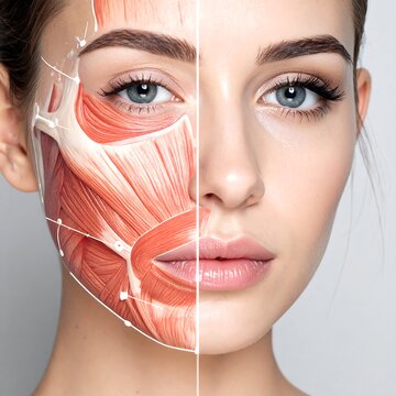 Composite image showing a woman's face split vertically. One side displays facial anatomy, while the other features flawless skin
