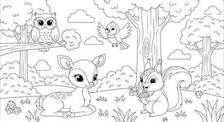 Cute Forest Animals Coloring Page for Kids Activities Birthday Party Invitations Woodland Theme