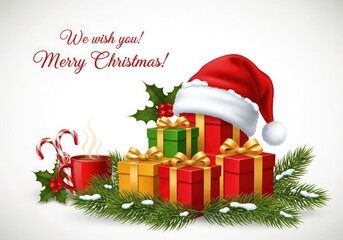 Festive christmas scene with a stack of colorful gift boxes, a santa hat, steaming mug of hot chocolate, candy canes, and pine branches, conveying holiday cheer