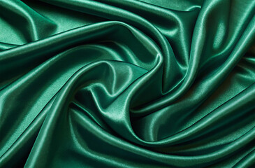 Fototapeta premium Emerald green satin fabric, draped and folded, creating elegant waves and smooth reflections, highlighting its luxurious texture and rich color