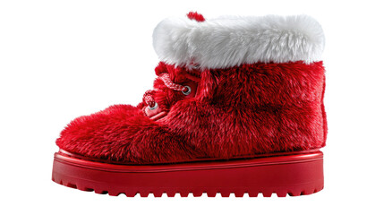 Festive Red Boot: A vibrant, plush red boot, adorned with soft, white fur trim and a sturdy platform sole, exudes a playful, holiday spirit. 