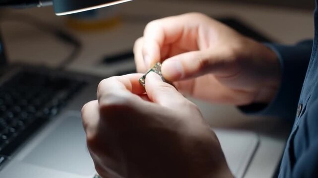 Close up of hands working on small electronic component under light