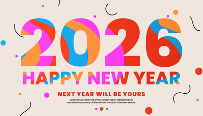 Playful and colorful Happy New Year 2026 typography with Memphis style patterns and confetti. Fun and vibrant design for social media and festive greetings.