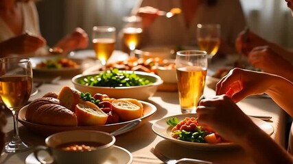 People sharing food and drink around a warmly lit dinner table