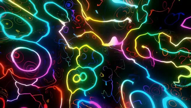 Abstract 4K Ultra HD animated video of vibrant multicolored abstract curved lines utilizing smooth gradient effects on a black background creating a dynamic pattern
