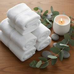 Winter Self-Care Spa Flat Lay &ndash; Towels, Candle, Eucalyptus