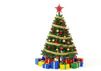 Naklejka premium A beautifully decorated christmas tree with a red star on top, surrounded by colorful gift boxes, isolated on white background