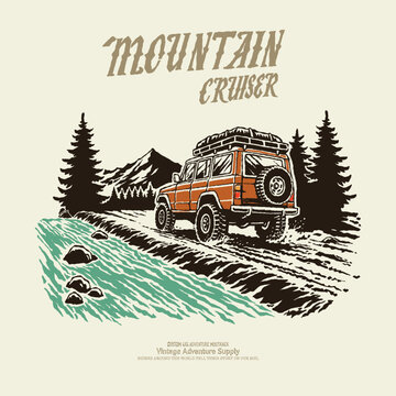 Retro apparel illustration offroad 4x4 old car adventure mountain river mud track. Vintage clothing design outdoor nature