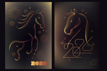 Happy Chinese New Year card. Concept in metallic shiny gold, beige, dark blue shades. Line horses silhouettes in vibrant gradient.
Hieroglyphics mean wishes of a Happy New Year and symbol of horse.