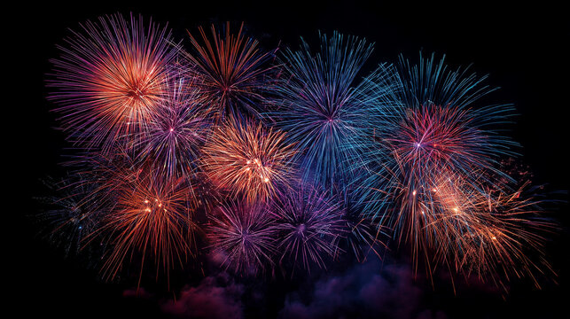 Vibrant colorful fireworks exploding in the night sky