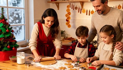 Family baking together in a cozy kitchen, rolling dough and cutting festive shapes, surrounded by holiday decorations and a Christmas tree, creating joyful memories
