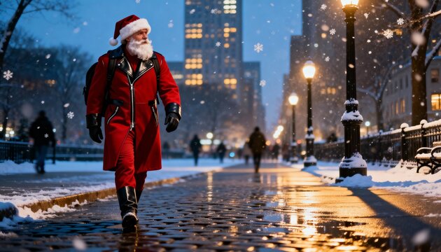 Santa Claus figure in vibrant red coat and hat walks through snowy city street at night, surrounded by festive lights and falling snowflakes, capturing holiday spirit and joy