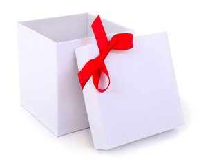 Open White Gift Box with Red Ribbon Isolated