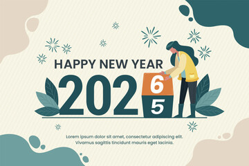 Flat style Happy New Year 2026 vector illustration with modern characters, soft pastel colors, and clean composition. Ideal for web, cards, and banners. Design Illustration