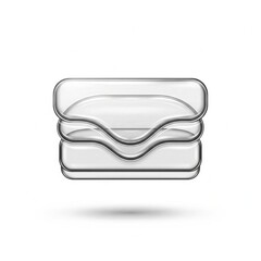 Abstract 3D glass layers stack with curved wave center isolated on white. Transparent geometric structure representing mattress cushioning technology, material science and ergonomic protection.