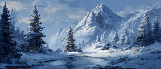 Serene winter landscape painting with snow covered mountains and pine trees