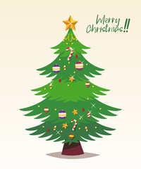 Cute Christmas tree design with ornaments and star topper on a soft pastel background. Design Illustration