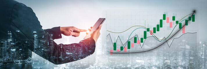 A business professional uses a smartphone to analyze financial data amidst an urban backdrop, showcasing stock market trends and growth graphs. Impute