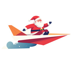 Naklejka premium Happy Santa Claus riding a giant paper airplane. Creative Christmas vector illustration for holiday travel and message delivery concepts. Isolated cartoon character.