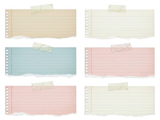 Torn lined notebook paper set with tape in six pastel colors &ndash; isolated on transparent background