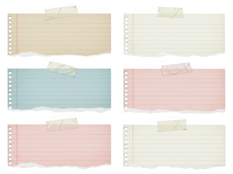 Torn lined notebook paper set with tape in six pastel colors – isolated on transparent background - Powered by Adobe