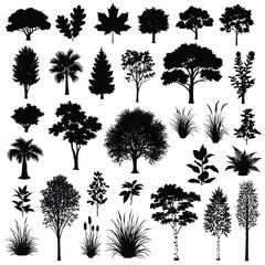 Diverse Collection of Tree and Plant Silhouettes tree, silhouette, plant, nature, leaf