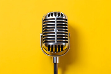 Vintage Retro Microphone Isolated on Vibrant Yellow Background for Music Broadcasting and Vocal Studio Themes
