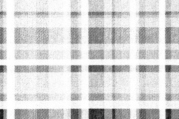 Macro halftone of soft plaid fabric with shaded checks and crossing bands, printed in black ink on a transparent background.