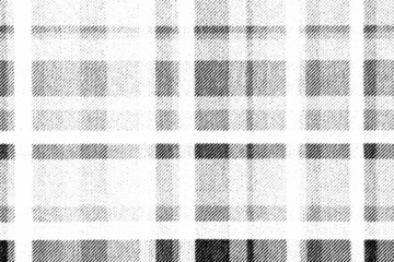 Macro halftone of soft plaid fabric with shaded checks and crossing bands, printed in black ink on a transparent background.