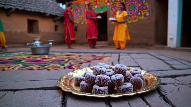 Traditional indian laddus on a golden plate in foreground, women in colorful saris celebrating a village festival with rangoli and rustic clay houses blurred behind