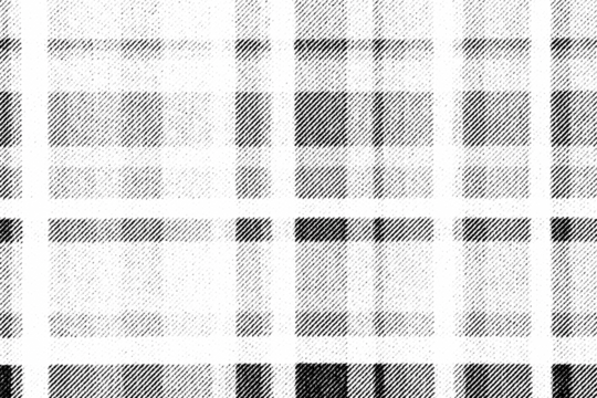 Macro halftone of soft plaid fabric with shaded checks and crossing bands, printed in black ink on a transparent background.